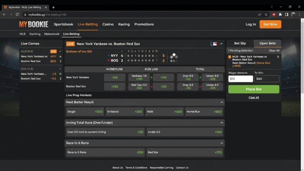A desktop screenshot of the MyBookie live betting interface during a New York Yankees vs. Boston Red Sox MLB game, showcasing live prop markets and an interactive bet slip for a MyBookie vs BetUS platform comparison.