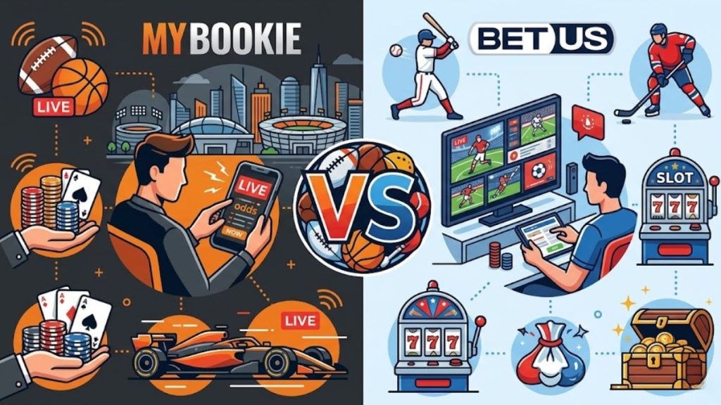 A split-screen vector illustration comparing MyBookie vs BetUS offshore sportsbooks. The MyBookie side features a dark theme with a user betting live on a smartphone, casino chips, and a race car. The BetUS side features a light blue theme with a user viewing sports odds on a desktop monitor, slot machines, and a treasure chest.