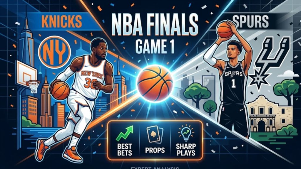 A stylized sports graphic featuring a New York Knicks player and a San Antonio Spurs player flanking a glowing basketball, with labels for "Best Bets," "Props," and "Sharp Plays" to highlight NBA Finals Game 1 Best Bets.