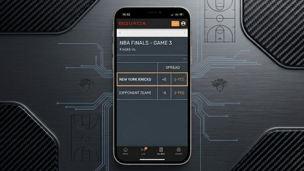 A smartphone displaying the Bovada sports betting interface with live point spread odds for the New York Knicks ahead of NBA Finals Game 3, set against a sleek metallic background.