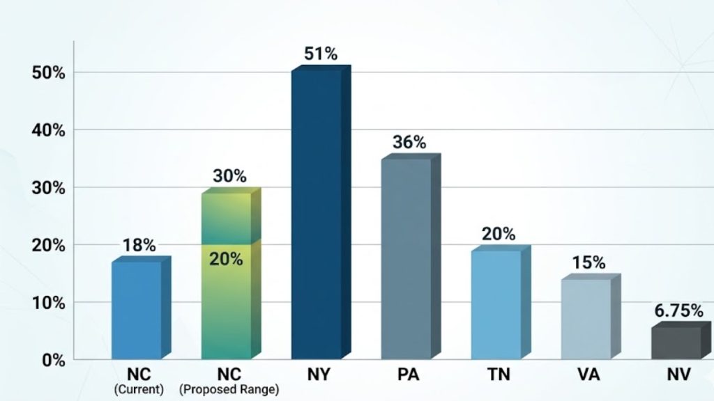 Bar chart comparing the current and proposed North Carolina Sports Betting Tax rates against other states like New York, Pennsylvania, and Tennessee