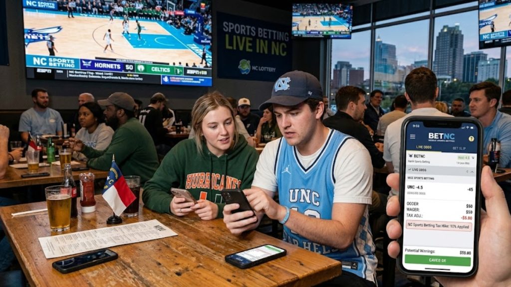 Two people at a sports bar checking their phones, illustrating the potential impact of the North Carolina Sports Betting Tax on casual bettors