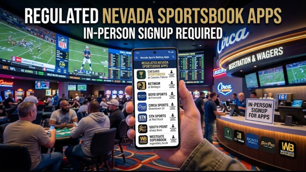 A hand holding a smartphone displaying a list of legal mobile apps like Caesars, BetMGM, Circa, and Westgate inside a casino. Prominent text overhead reads "Regulated Nevada Sportsbook Apps: In-Person Signup Required," explaining a key rule for mobile Nevada Sports Betting.