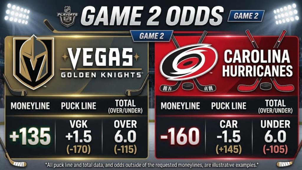 A betting odds comparison graphic for Stanley Cup Game 2 Predictions. It shows the Vegas Golden Knights with a +135 moneyline, +1.5 puck line, and over 6.0 total goals, compared to the Carolina Hurricanes with a -160 moneyline, -1.5 puck line, and under 6.0 total goals.