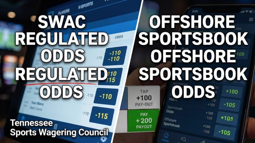 A split-screen comparison graphic illustrating how local regulations impact Tennessee Sports Betting odds. The left side highlights "SWAC Regulated Odds" associated with the Tennessee Sports Wagering Council showing tight spreads, while the right side displays "Offshore Sportsbook Odds" on a mobile device to emphasize differences in payouts.
