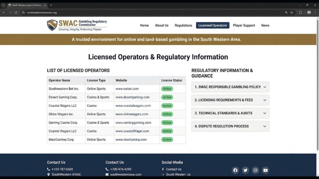 A website screenshot of a regulatory portal detailing licensed operators and guidance, relevant for understanding compliance within Tennessee Sports Betting. The page lists active online sports and casino operators under the "SWAC Gambling Regulatory Commission" alongside resource tabs for responsible gambling policies and licensing requirements.