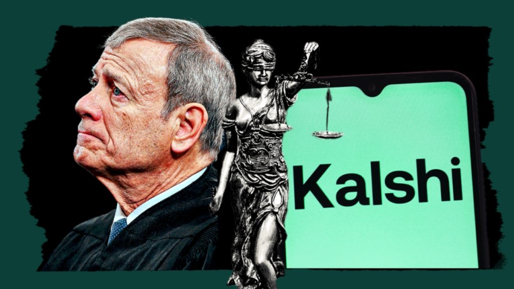 A composite image showing the profile of a federal judge in traditional black robes looking toward a silver statue of Lady Justice holding the scales. In the background, a smartphone displays a vibrant green screen with the text "Kalshi," representing the intersecting regulatory issues that parallel enforcement actions under the Tennessee Sports Betting Bill.