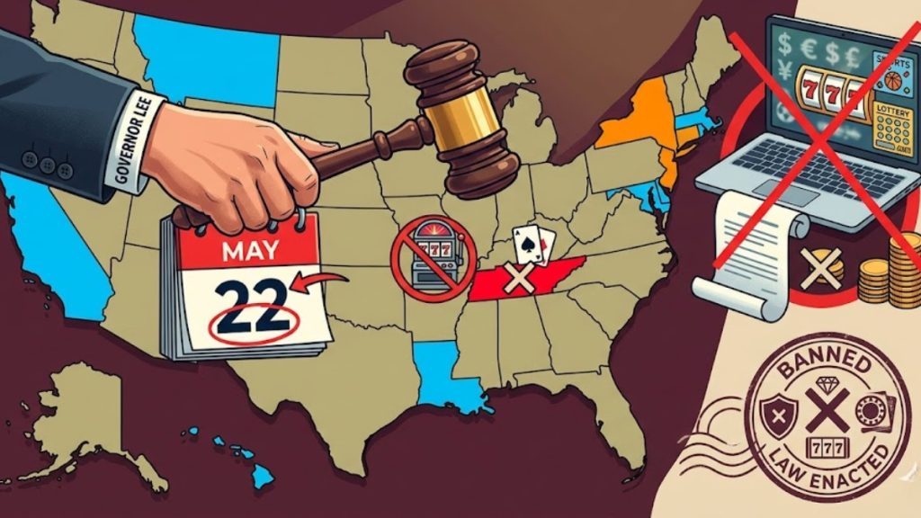 An illustrative graphic featuring a United States map where the state of Tennessee is highlighted in bright red with a large "X" over it. A hand wearing a sleeve that reads "Governor Lee" strikes a wooden judge's gavel near a calendar marked "May 22." On the right, a laptop displaying an online slot machine is crossed out by a large red "X" with a stamp reading "Banned Law Enacted," emphasizing legislative expansions surrounding the Tennessee Sports Betting Bill framework.