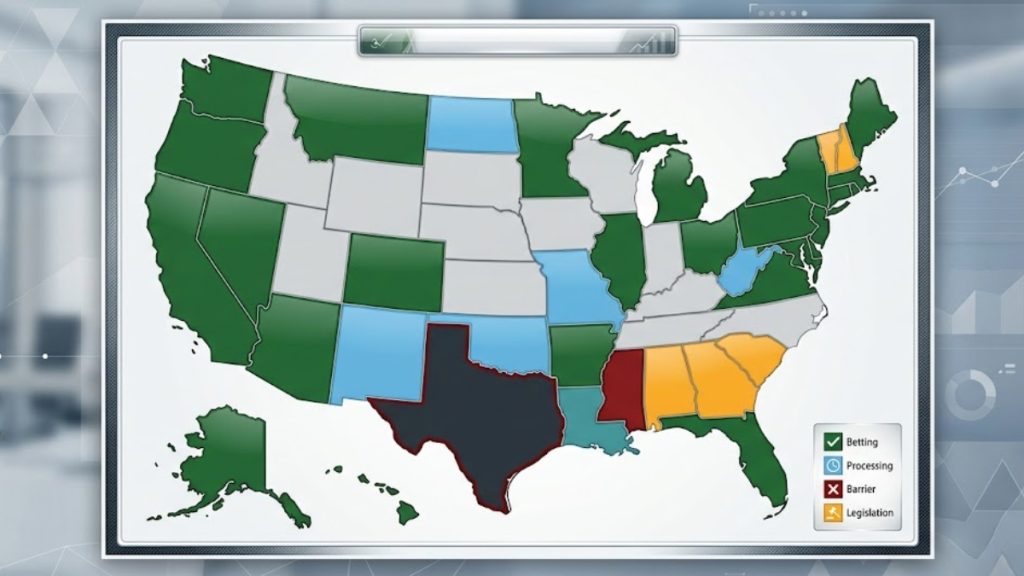 A United States map infographic emphasizing the state of Texas highlighted in dark blue, displaying the legal status and legislative progress of sports betting in Texas.