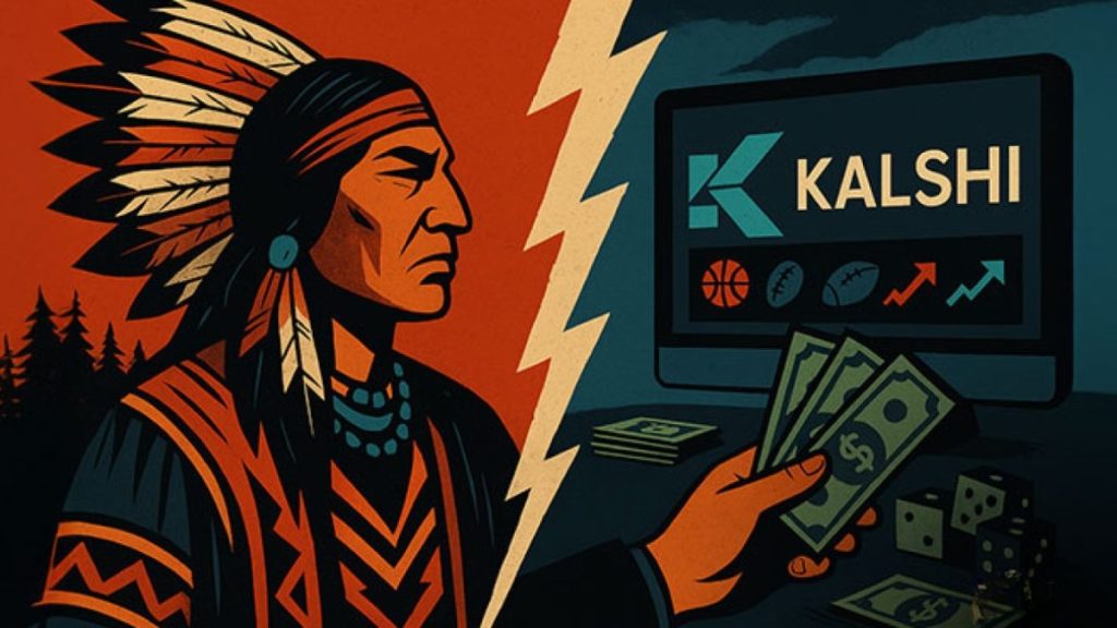 A stylized illustration showing a Native American chief in profile on the left, separated by a jagged lightning bolt from a hand holding cash and a computer monitor displaying the Kalshi logo on the right. This imagery captures the legal tensions over exclusivity and tribal gaming rights under the evolving framework of a Wisconsin Sports Betting Bill.