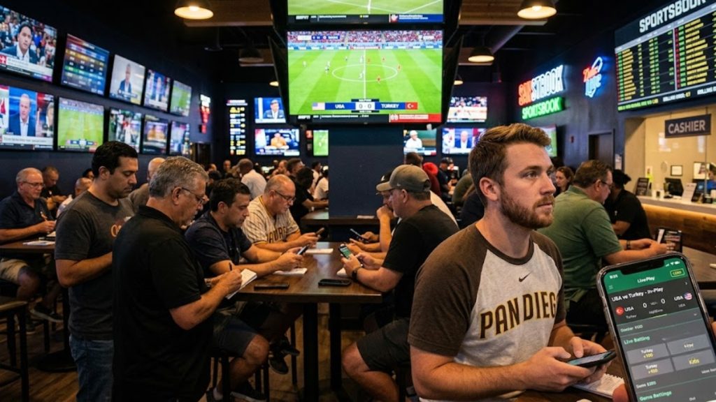 Patrons inside a crowded sportsbook bar tracking live soccer match data on large TV screens and mobile betting apps during a 