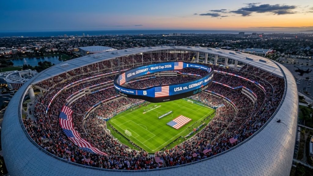 An aerial drone view of a packed modern soccer stadium hosting a major international match, featuring large digital ribbon boards displaying a 