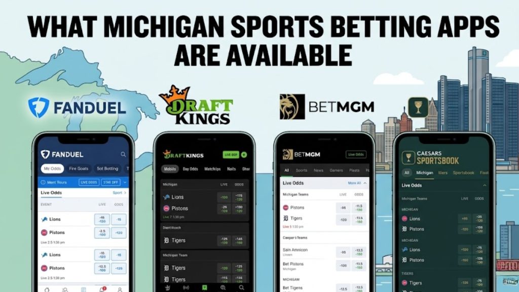 An informational graphic asking what apps are available, highlighting FanDuel, DraftKings, BetMGM, and Caesars Sportsbook mobile interfaces alongside an outline of the state map, answering the query is sports betting legal in Michigan.