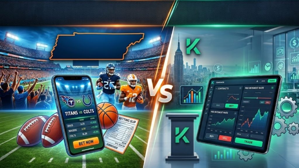 A split graphic illustrating a competitive comparison. The left side features a smartphone showing a football betting app interface with matchups next to footballs and a betting slip, set against an orange outline of the state of Tennessee. The right side features a financial or prediction market app interface on a tablet labeled "Kalshi" with market charts, framing the ongoing legal discussions tied to the Tennessee Sports Betting Bill.