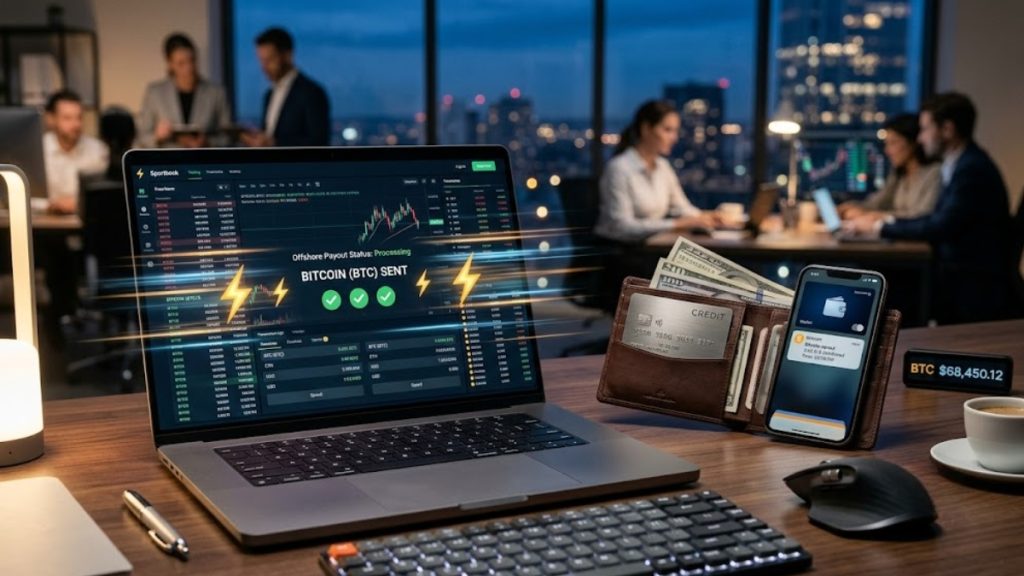A laptop screen displaying a successful offshore sportsbook crypto payout status showing "Bitcoin (BTC) Sent" alongside a leather wallet holding cash and a smartphone in a modern office setting.