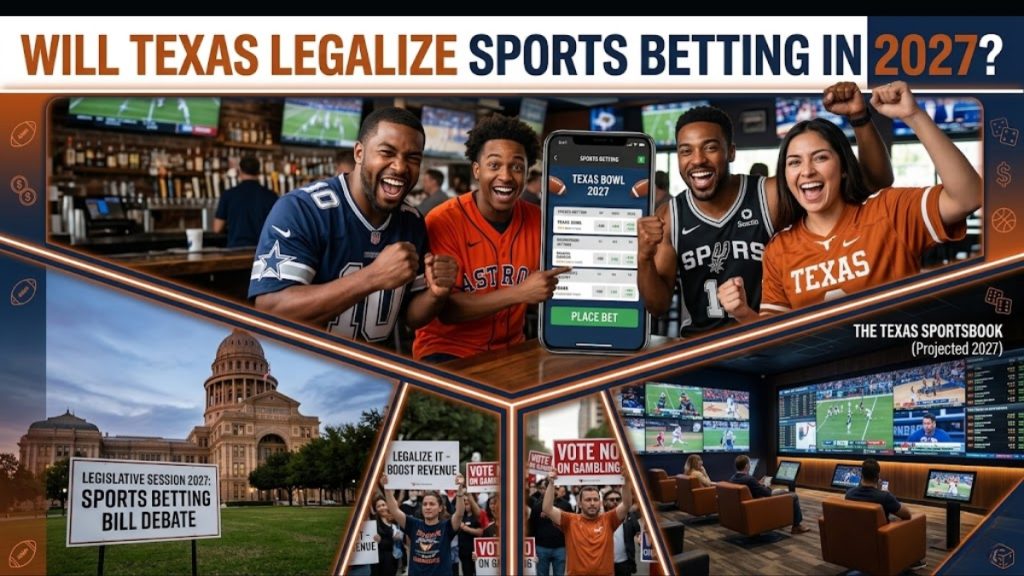 A multi-panel conceptual graphic featuring enthusiastic sports fans, a legislative bill debate sign at the state capitol, and a sports lounge, exploring the question of future sports betting in Texas.