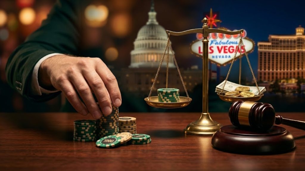 A legal gavel, casino poker chips, and a balance scale holding money set against a blended backdrop of the U.S. Capitol dome and the Las Vegas sign, illustrating legal debates surrounding the One Big Beautiful Bill gambling tax rollback.