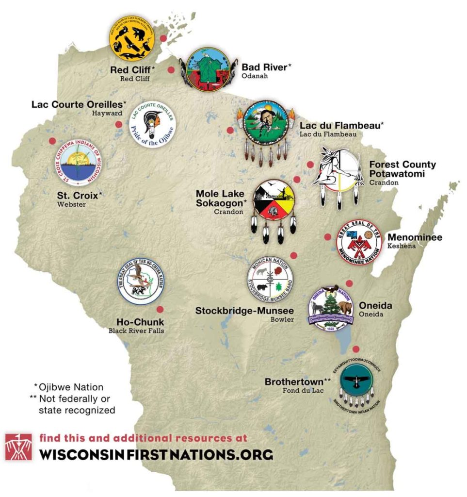 A geographical map of the state of Wisconsin detailing the locations and official seals of various Native American tribes, including the Ho-Chunk, Oneida, Menominee, and Potawatomi nations. This map highlights the complex landscape of stakeholders involved in tribal compact discussions tied to a Wisconsin Sports Betting Bill.