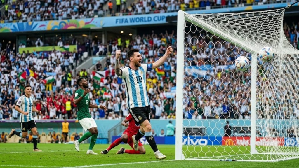Argentina's Lionel Messi celebrating a goal during a live match, an iconic visualization used to explain any-time goalscorer selections within a World Cup Prop Bets strategy.