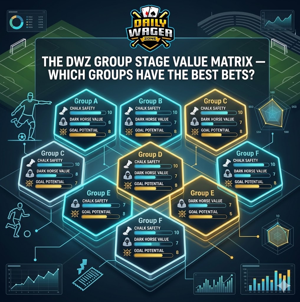 A glowing neon digital map titled The DWZ Group Stage Value Matrix, breaking down various tournament sections by chalk safety, dark horse value, and goal potential to help evaluate World cup group stage bets.