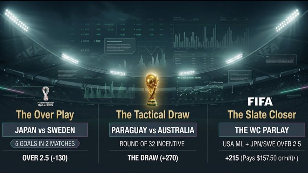 A digital sports betting graphic displaying FIFA World Cup match predictions, including soccer betting lines for a 