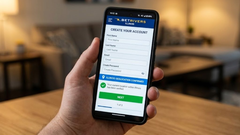 A close-up of a smartphone displaying the BetRivers sign-up screen, featuring a prominent notification confirming that the user's Illinois geolocation has been successfully verified.