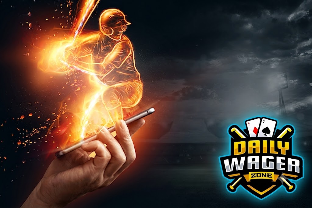 A hand holding a smartphone with a glowing, fiery baseball batter emerging from the screen, set against a dark stadium background with the "Daily Wager Zone" logo. This dramatic graphic highlights mobile sports gaming and data-driven insights used to formulate the Best MLB Betting Strategy.