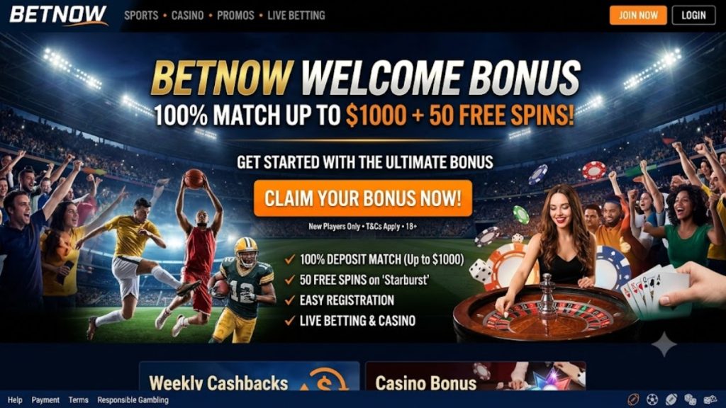 BetNow vs XBet welcome bonus promotion banner highlighting a 100% deposit match up to $1000 plus 50 free spins on BetNow.
