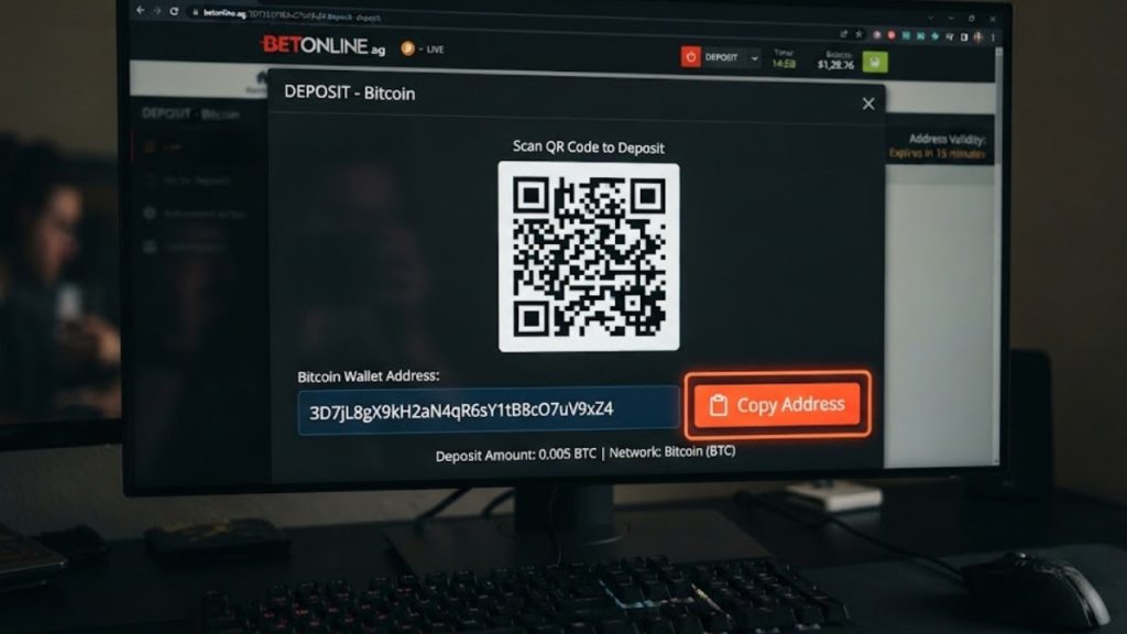"Close-up of a computer monitor displaying the BetOnline deposit page,