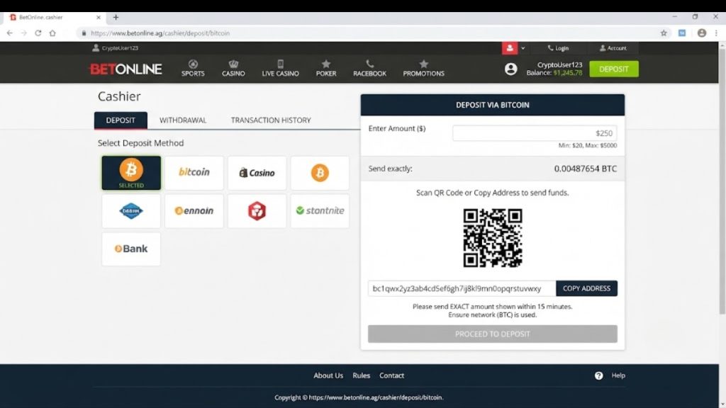 A clean screenshot of the BetOnline cashier interface, showing the 'DEPOSIT VIA BITCOIN' section with the precise BTC amount, QR code, and alphanumeric wallet address for the transaction