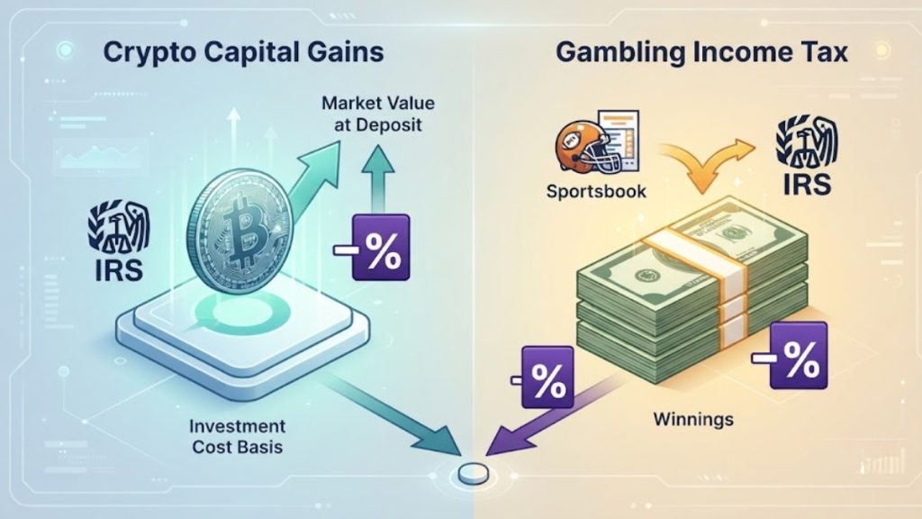 An educational infographic explaining the difference between taxing Crypto Sports Betting as capital gains on asset appreciation versus taxing it as gambling income.