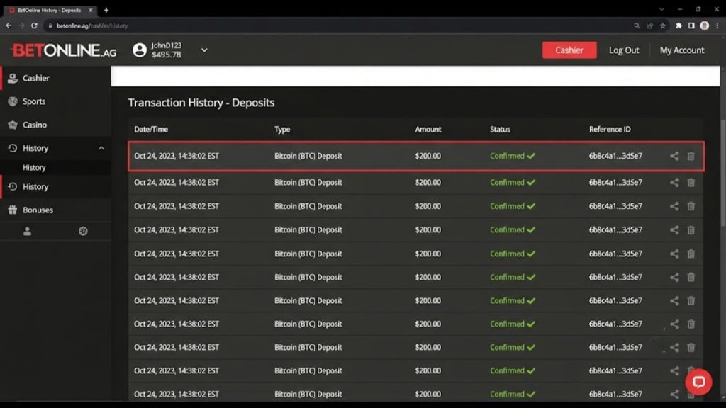 A screenshot of an online sportsbook's transaction history, highlighting confirmed Bitcoin deposits and the speed of processing within Bitcoin Sports Betting.