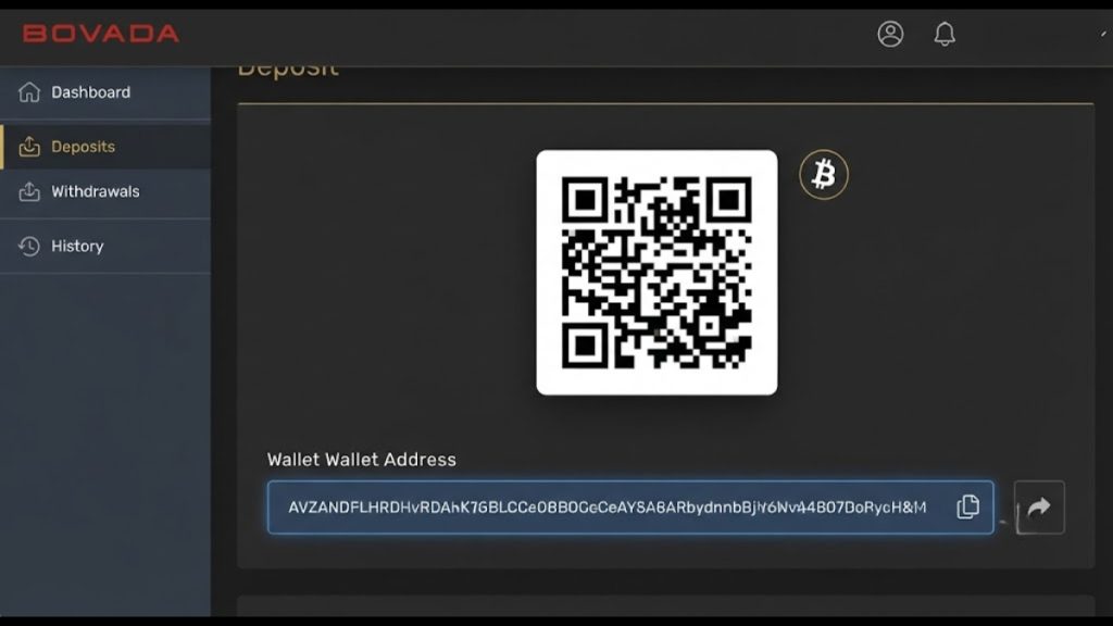 A secure deposit screen for an online betting platform displaying a unique Bitcoin wallet address and QR code required for funding a Bitcoin Sports Betting account.