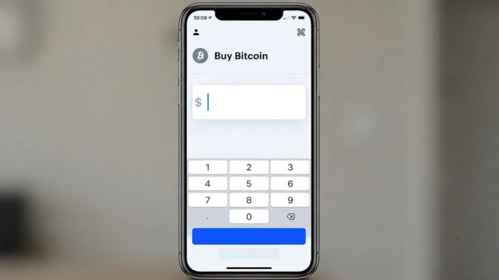 A mobile app screen showing the "Buy Bitcoin" interface, which is the first step for many users when preparing to engage in Bitcoin Sports Betting.