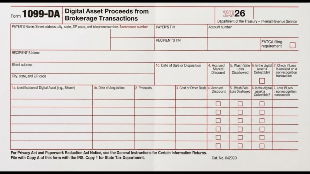 A blank IRS Form 1099-DA used to report digital asset proceeds, which is a key document for tax compliance related to Crypto Sports Betting.