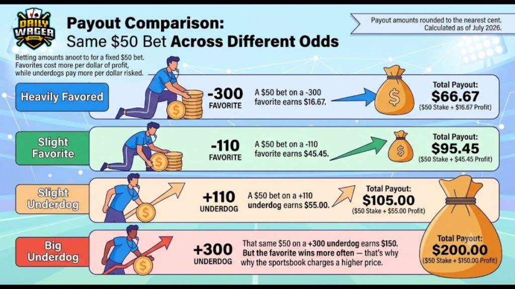 An infographic detailing how to place a moneyline bet and comparing payout metrics for a $50 wager. It shows the varying potential profits across four categories: a heavily favored team at -300 odds, a slight favorite at -110 odds, a slight underdog at +110 odds, and a big underdog at +300 odds.