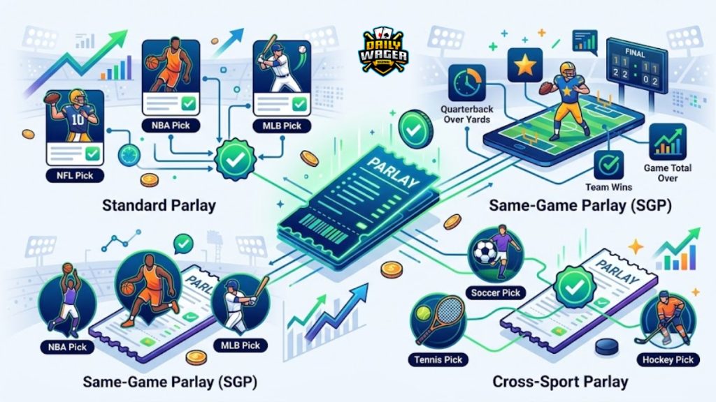 Infographic explaining different types of parlay bet options including standard parlay, same-game parlay (SGP), and cross-sport parlay with sports icons.