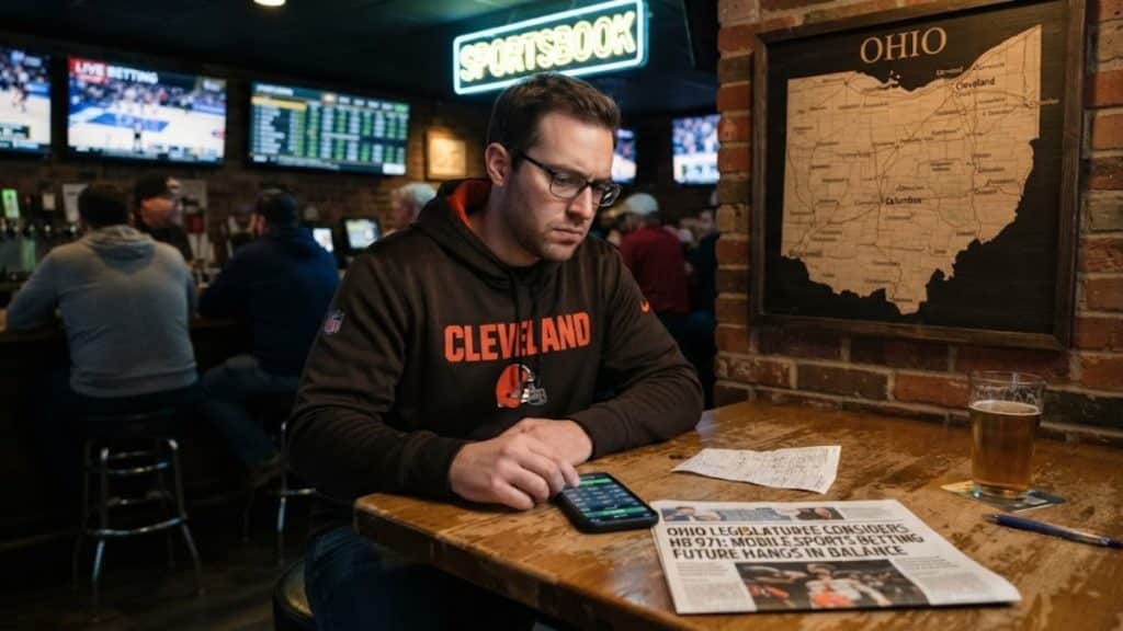 A person sitting in a sports bar looking at a smartphone, with a newspaper headline visible that discusses HB 971 and the future of Ohio Mobile Sports Betting.