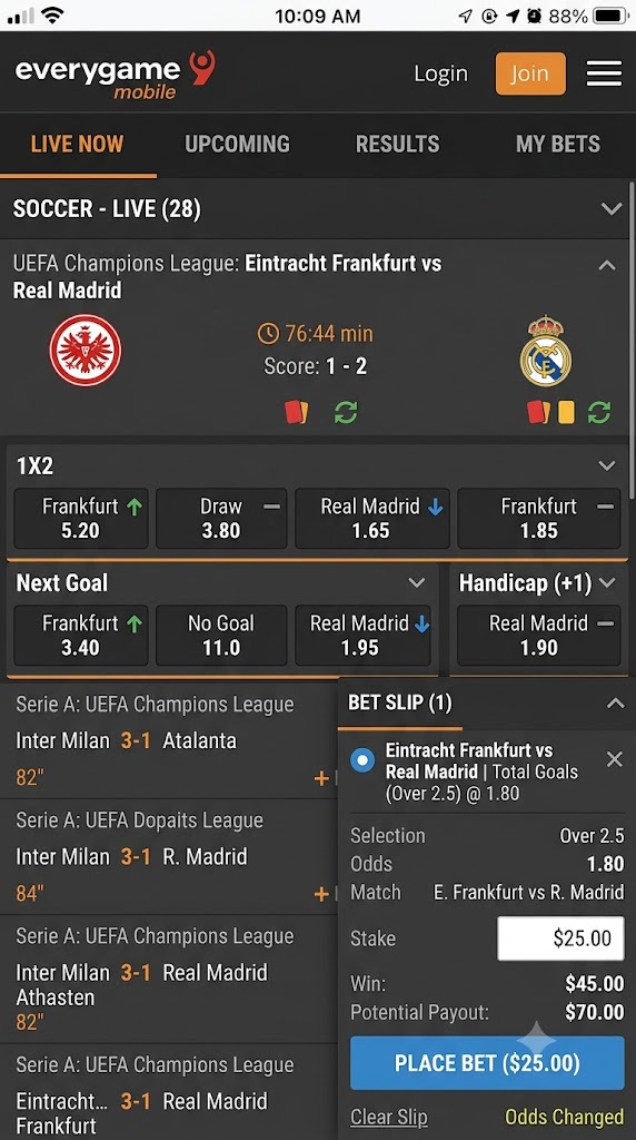 A mobile user interface of the Everygame Sportsbook live betting menu, displaying live soccer odds for a Champions League match alongside an open bet slip preparing a wager.
