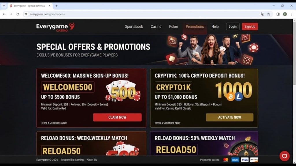 A desktop browser screenshot of the Everygame Sportsbook promotions page showcasing exclusive player offers, including a up to $500 welcome bonus and a $1,000 crypto deposit bonus.