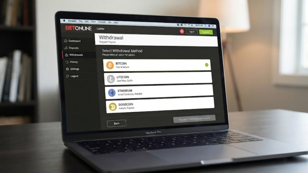 A laptop screen displaying various Crypto Sportsbook Withdrawals methods, highlighting options like Bitcoin, Litecoin, Ethereum, and Dogecoin for fast and secure payouts.