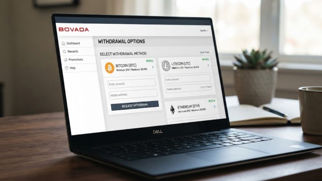 A laptop showing the withdrawal options menu for a popular platform, providing a clear guide on how to initiate Crypto Sportsbook Withdrawals for different digital currencies.
