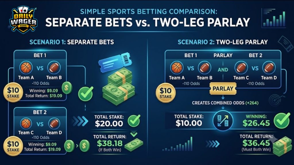 Visual comparison chart showing the payout differences between two separate single bets versus a two-leg parlay bet with combined odds.