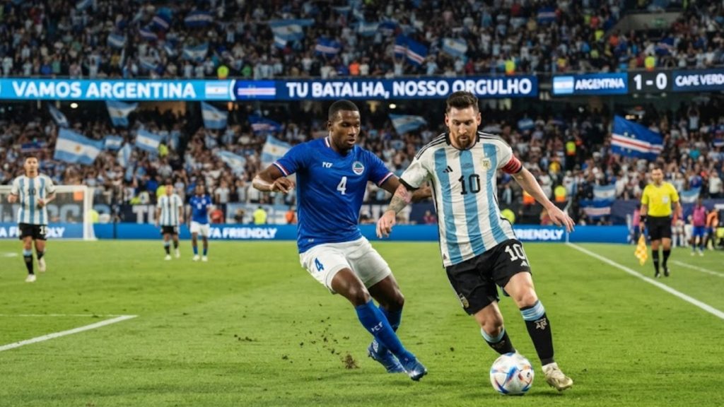 Lionel Messi dribbling the ball against a Cape Verde defender, illustrating the tactical matchup for World Cup best bets regarding the Argentina -2.5 spread.
