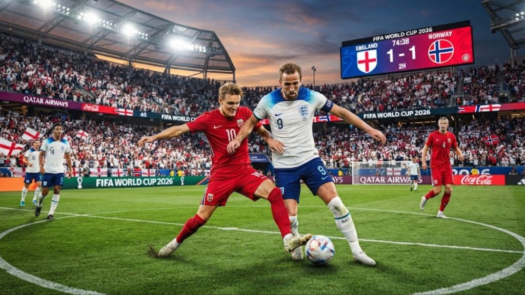Quarterfinals World Cup game between England and Norway showing players competing for the ball.
