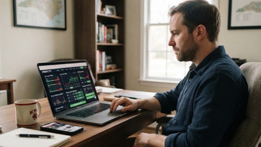 A man working at a desk reviewing data on a laptop, raising questions about whether prediction market betting is legal in North Carolina under current North Carolina Senate Bill proposals.