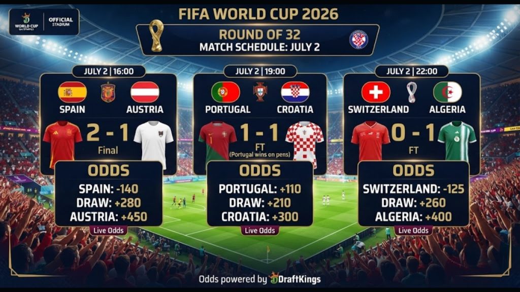A detailed scoreboard of the July 2 World Cup Round of 32 matchups, including betting odds for Spain vs Austria, Portugal vs Croatia, and Switzerland vs Algeria