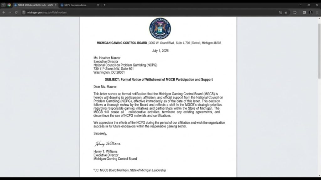 A formal letter from the Michigan Gaming Control Board dated July 1, 2026, addressed to the National Council on Problem Gambling, formally notifying them of the board's withdrawal of participation and support.
