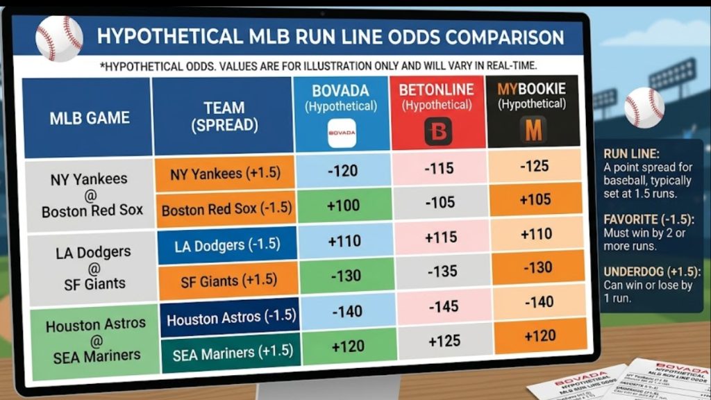 A digital infographic displaying a hypothetical Run Line MLB Betting odds comparison table across three sportsbooks: Bovada, BetOnline, and MyBookie. The graphic shows point spreads and payouts for multiple baseball games, alongside a sidebar explaining how favorites (-1.5) must win by two or more runs while underdogs (+1.5) can win or lose by exactly one run.