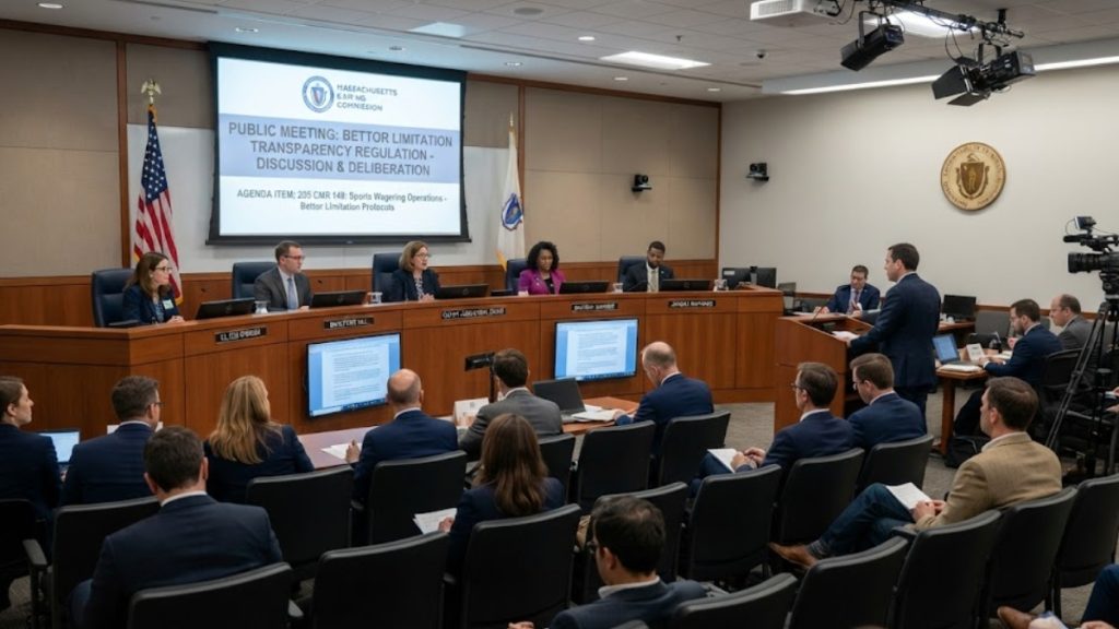 A formal public meeting of the Massachusetts Gaming Commission where officials are discussing the Massachusetts Sports Betting Bill July 2026, specifically focusing on bettor limitation protocols and regulatory deliberations